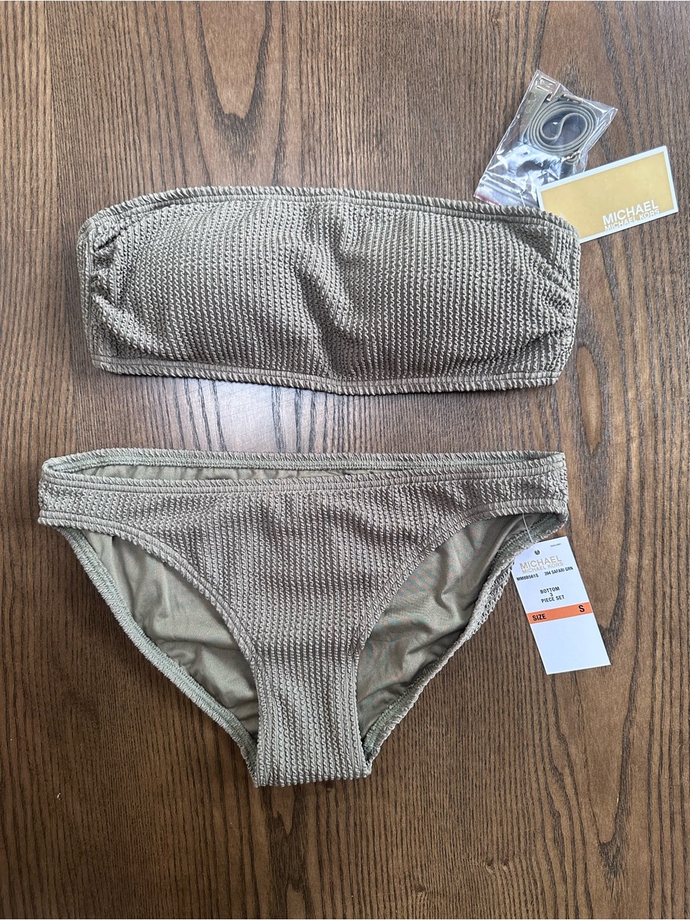 Michael Kors Safari Green Textured 3 Piece Bandeau Bikini Set With Skirt
